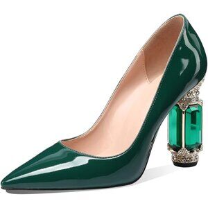 FBJ Green Crystal Rhinestones Chunky Heels Women Pointed Toe Pumps Size 12